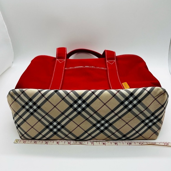 Burberry Red Canvas Tote with Plaid Accents and Top Zipper - Picture 6 of 16
